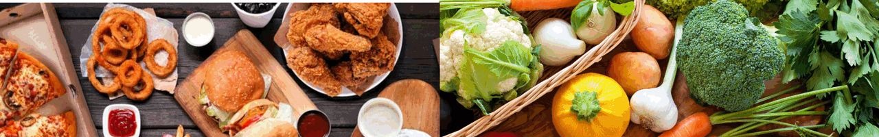 Fast food on one side, fresh vegetables on the other
